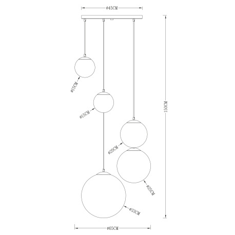Závesné svietidlo, kov nikel matný, sklo priehľadné chróm, 5 gúľ s priemerom: 2x15-20-25-33 cm, Ø650 8