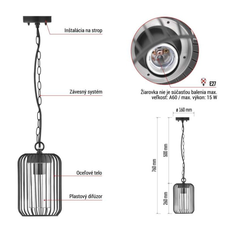 Zahradné závesné svietidlo SALVIA, 16 x 16 x 32 cm, 1 x E27, 15 W 4