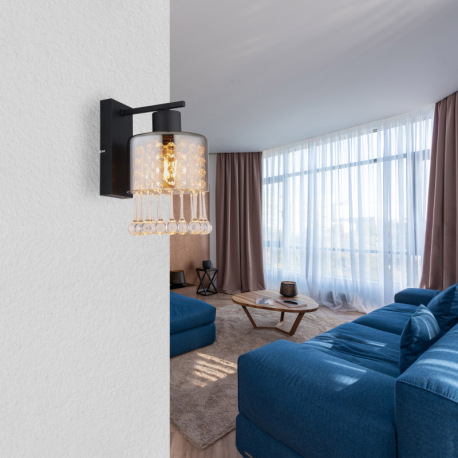 Nástenné svietidlo, kov čierny matný, sklo dymové, sklenené kvapky priehľadné, akrylové krištále pri 1