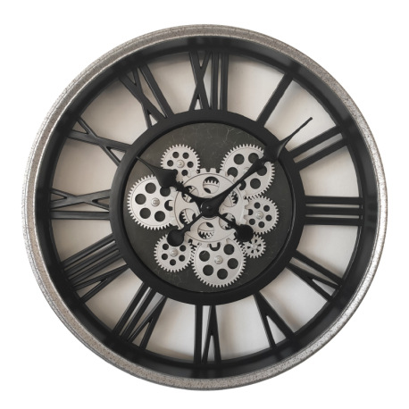 Nástenné hodiny, čierny plast, sklenený kryt, pohyblivé ozubené kolesá, rímsky ciferník, ø: 508 mm, 6