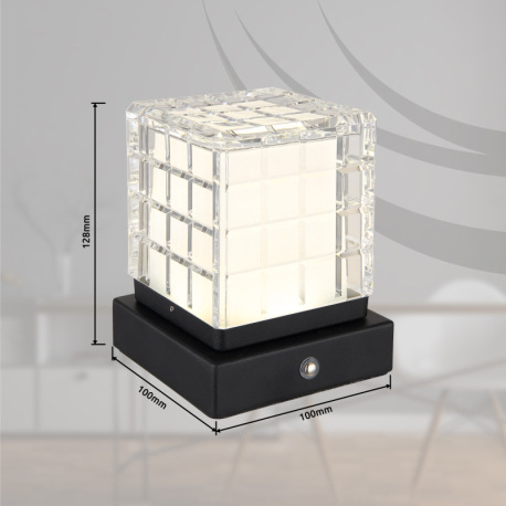 Nabíjateľná stolová lampa, kov čierny, akryl číry, satinovaný povrch, čierny PVC kábel, dotykové zap 17