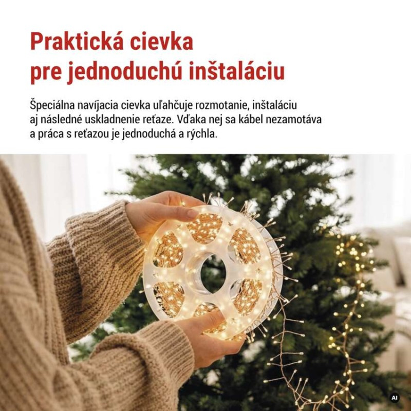 LED nano reťaz na cievke, medená, 14,4 m, teplá biela, časovač 5