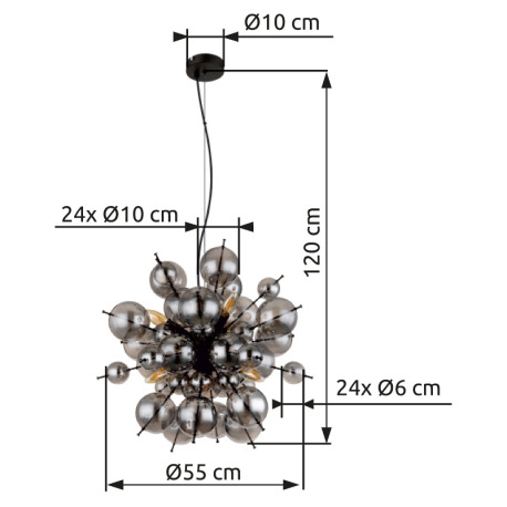 Závesné svietidlo, kov čierny, sklenené gule dymovej farby, kábel PVC čierny, nastaviteľná výška, ø: 16