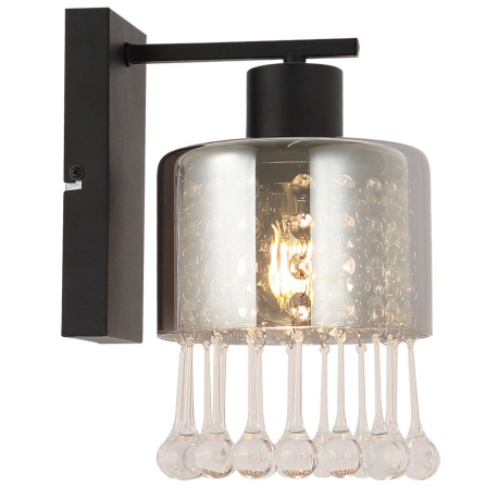 Nástenné svietidlo, kov čierny matný, sklo dymové, sklenené kvapky priehľadné, akrylové krištále pri
