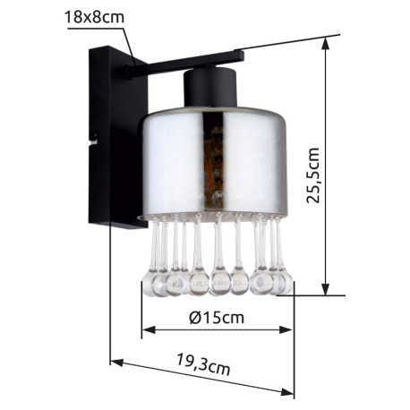 Nástenné svietidlo, kov čierny matný, sklo dymové, sklenené kvapky priehľadné, akrylové krištále pri 4