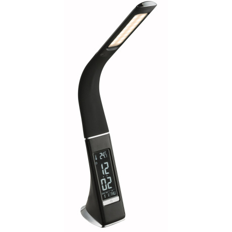 Stolová lampa, plast, čierna, chróm, s hodinami a budíkom, flexo, zmena farby svetla, CCT 3000-4500- 2