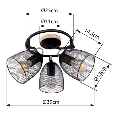 Stropné svietidlo, drevo hnedé a čierne, kov čierny, mriežkované kovové tienidlo, Ø250, V:260, bez ž 7