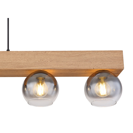 Závesné svietidlo kov čierny matný, MDF imitácia dreva, sklo dymové, číre, textilný kábel čierny, vý 6