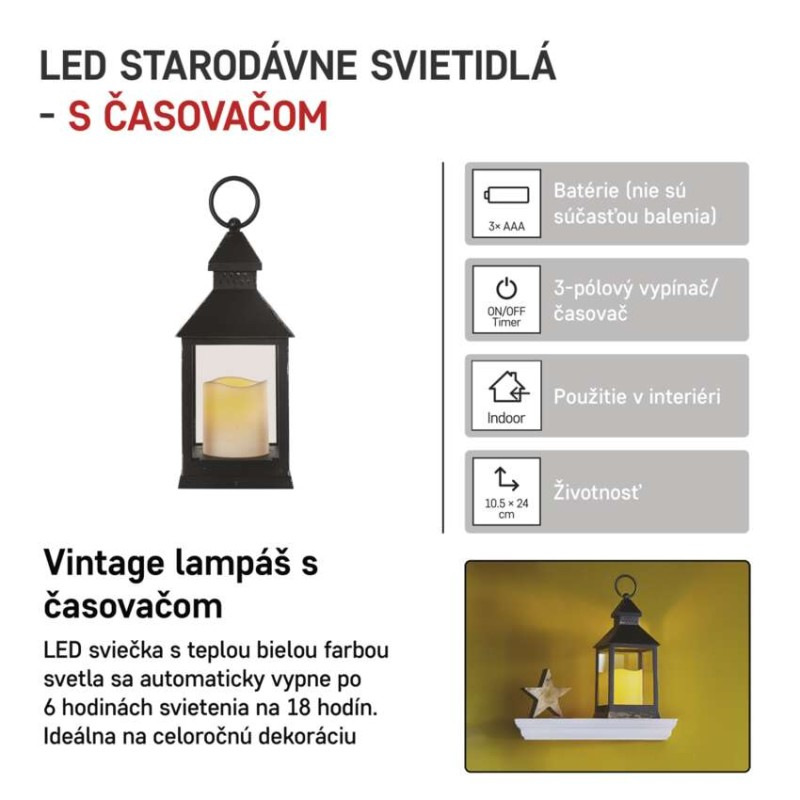 LED dekorácia – lampáš antik čierna blikajúca, 3x AAA, vnútorný, vintage, časovač 4