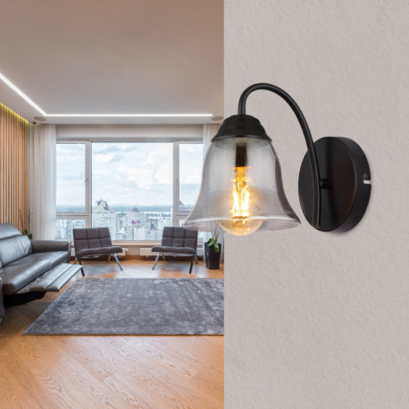 Nástenné svietidlo, kov čierny matný, sklo dymové, ŠxV: 135x185mm, H: 203mm, bez žiarovky 1x E27, ma 1