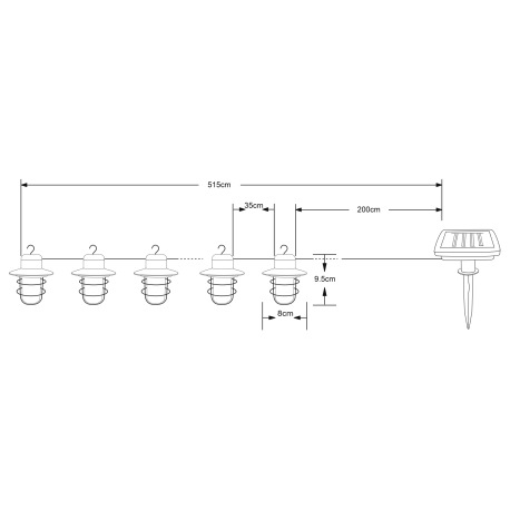 Solárne svietidlo, plast čierny, plast biely, 10 svietidiel, prívod 200 cm, efekt ohňa, IP44, vypína 14