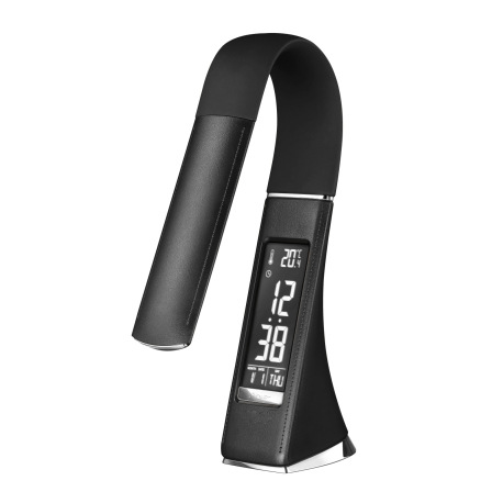 Stolová lampa, plast, čierna, chróm, s hodinami a budíkom, flexo, zmena farby svetla, CCT 3000-4500- 4