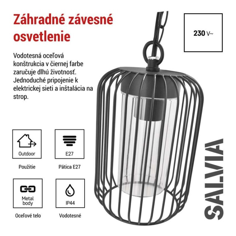 Zahradné závesné svietidlo SALVIA, 16 x 16 x 32 cm, 1 x E27, 15 W 2
