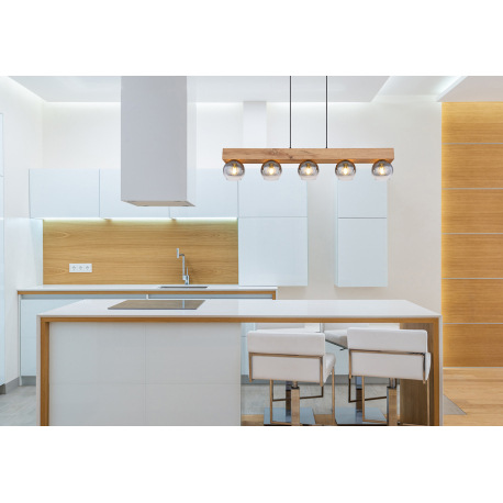 Závesné svietidlo kov čierny matný, MDF imitácia dreva, sklo dymové, číre, textilný kábel čierny, vý 1