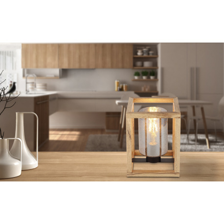 Stolová lampa, kov čierny, MDF hnedý, dymové sklo, sklo s bublinami, vypínač, DxŠxV:170x170x200, bez 1