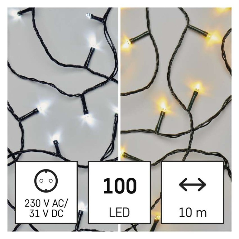 LED vianočná reťaz 2v1, 10 m, vonkajšia aj vnútorná, teplá/studená biela, programy 1
