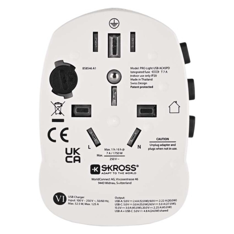 Cestovný univerzálny adaptér do zahraničia (USA, Ázia, Afrika), 1×USB-C, 1×USB-A 5
