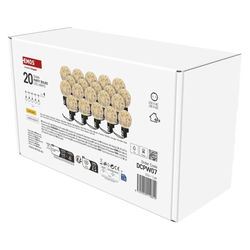 LED svetelná reťaz – 20x párty žiarovky, 7,6 m, vonkajšia aj vnútorná, teplá biela