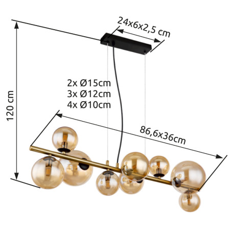 Závesné svietidlo, kov čierny, kov mosadz, sklo jantárové, DxŠxV:866x360x1200mm, vrátane 9x G9 LED 3 12