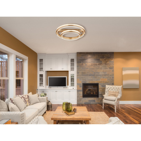 Stropné svietidlo, kov zlatej farby, hliník zlatej farby brúsený, krištále K5 číre, akryl číry, stmi 15