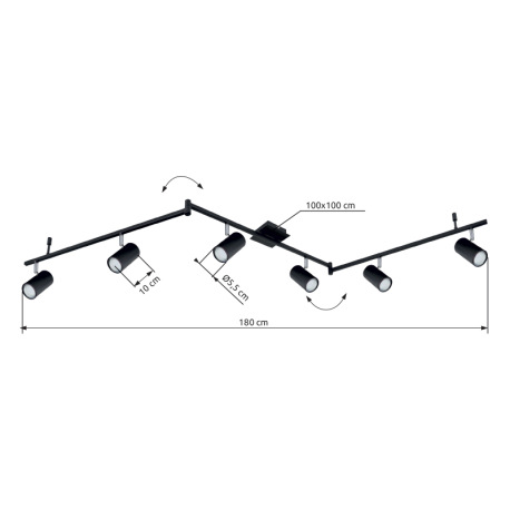 Stropné svietidlo, kov čierny matný, nastaviteľné, DxŠxV: 1800x100x185mm, bez žiaroviek 6x GU10, max 7
