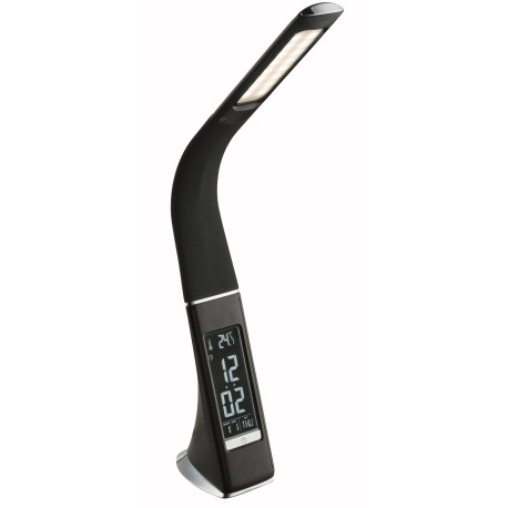 Stolová lampa, plast, čierna, chróm, s hodinami a budíkom, flexo, zmena farby svetla, CCT 3000-4500- 8