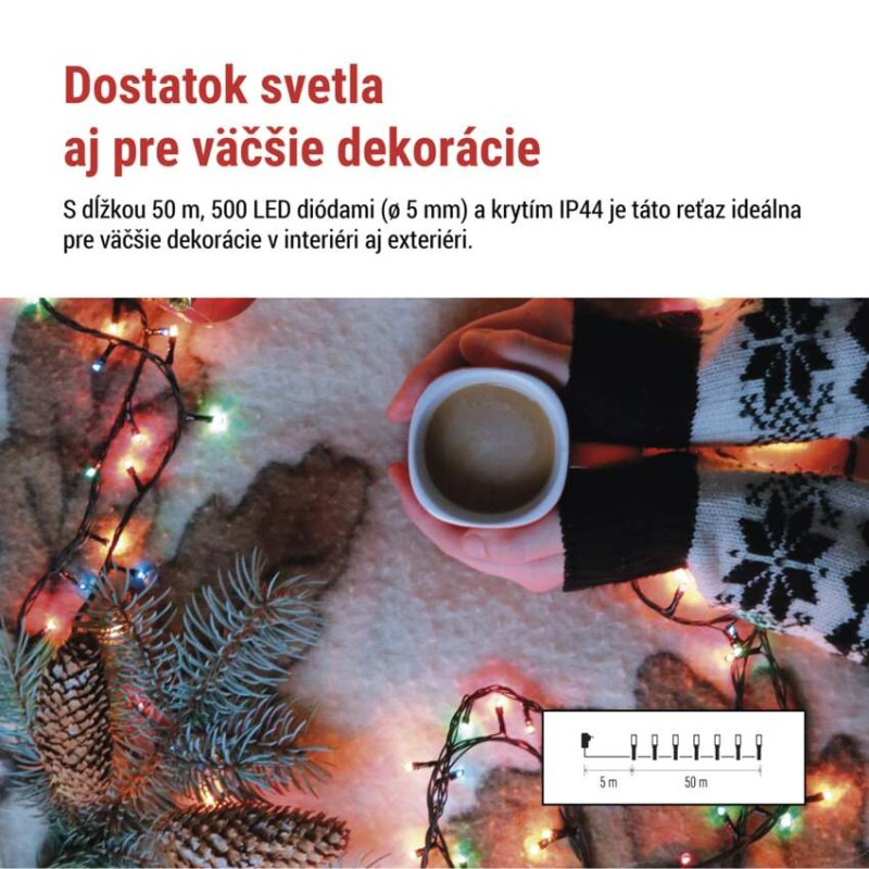 LED vianočná reťaz, 50 m, vonkajšia aj vnútorná, multicolor, programy, časovač 1