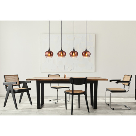 Závesné svietidlo, čierny matný kov, kov čierny chróm, sklo medenej farby, priehľadné, čierny textil 1