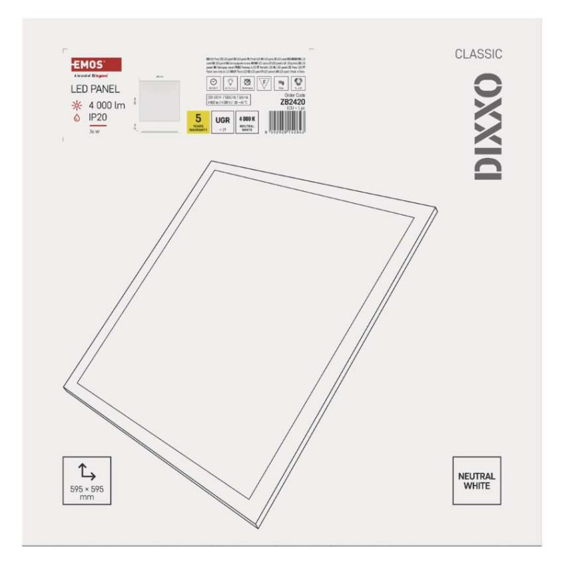 LED panel DIXXO backlit 60×60, štvorcový vstavaný biely, 36W neutrálna b. UGR 12
