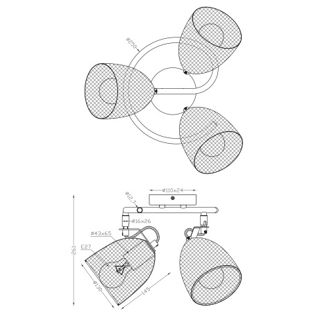 Stropné svietidlo, drevo hnedé a čierne, kov čierny, mriežkované kovové tienidlo, Ø250, V:260, bez ž 13