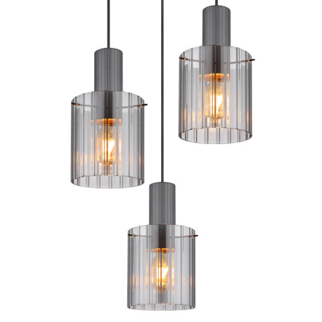 Závesné svietidlo, tmavosivý kov, dymové sklo, čierny textilný kábel, možnosť skrátenia výšky, sklo 3