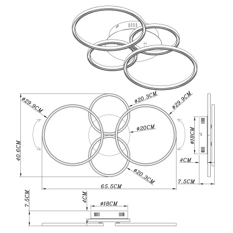 Stropné svietidlo, kov čierny, plast opál, priemer kruhov 2x30cm, 2x20,5cm, DxŠxV: 655x406x75, vráta 6