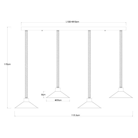 Závesné svietidlo, kov čierny a zlatý, lano, DxŠxV:1125x220x1700mm, bez žiaroviek 4x E27, max. 60W 2 20