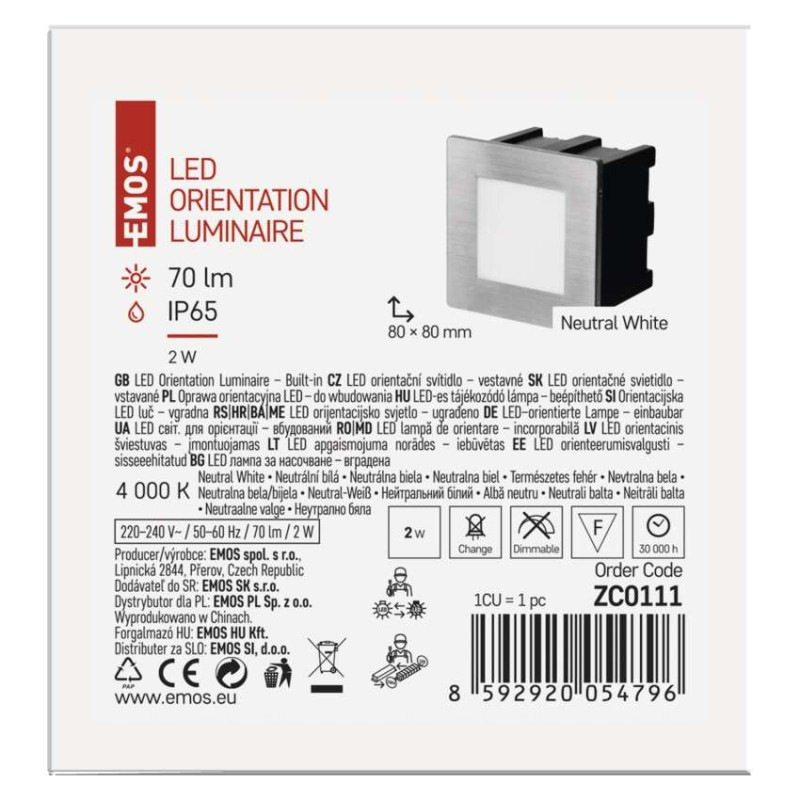 LED orientačné vstavané svietidlo AMAL 80×80 2W neutr. b.,IP65 3