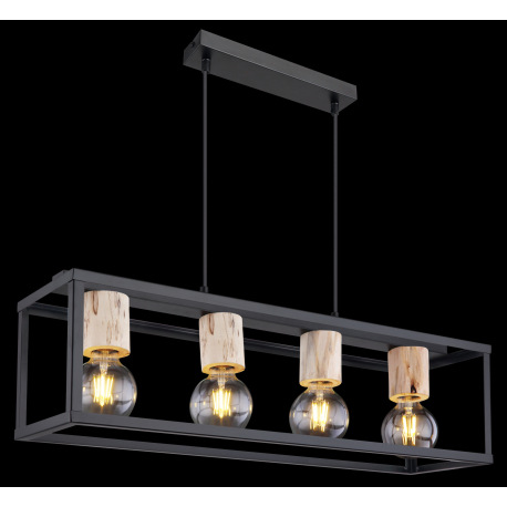 Závesné svietidlo, kov čierny matný, drevo, DxŠxV: 750x200x1200, bez žiaroviek 4xE27, max. 60W 230V 2