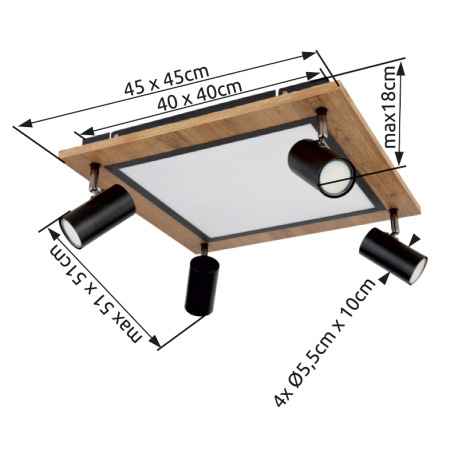 Stropné svietidlo kov čierny, MDF, imitácia tmavého dreva, plast biely, prepínanie funkcií nástenným 12
