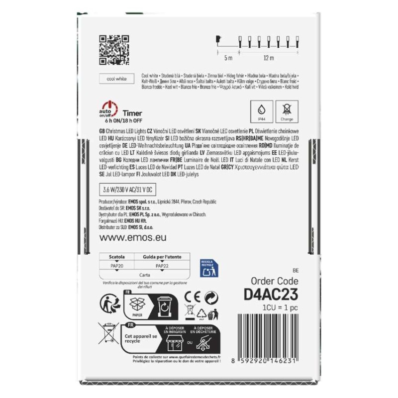 LED vianočná reťaz, 12 m, vonkajšia aj vnútorná, studená biela, programy, časovač 13