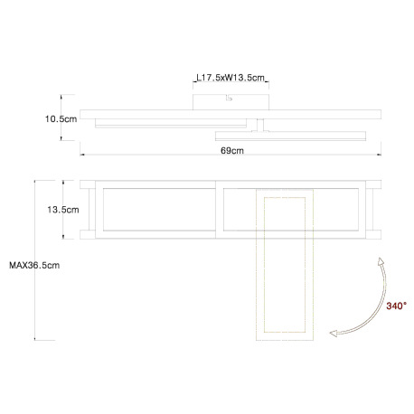 Stropné svietidlo, kov čierny, MDF tmavohnedý, plast biely, otočné, DxŠxV:690x365x105mm, vrátane LED 10