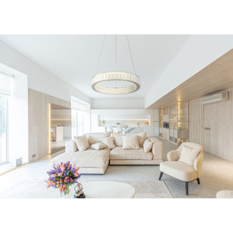 Závesné svietidlo, kov chróm, krištále K5 číre, chrómový krúžok, stmievateľné, viac úrovní pomocou n 1