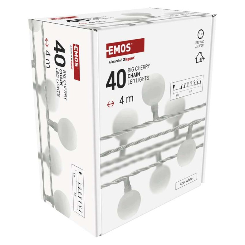 LED svet. cherry reťaz – guličky 2,5cm, 4 m, vonkajšia aj vnútorná, studená biela, časovač 10
