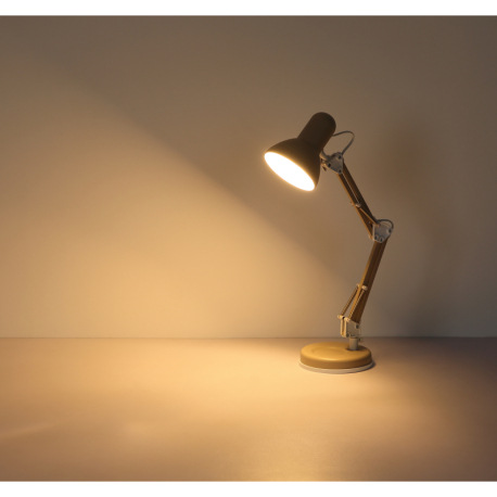 Stolová lampa, kov pieskovej farby, biely PVC kábel, kolískový vypínač na kábli, nastaviteľná, DxŠxV 15