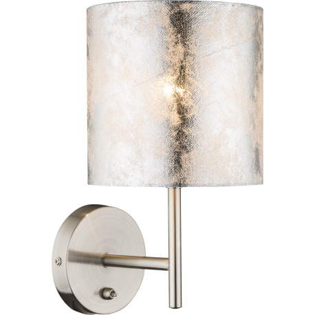 Nástenné svietidlo, kov nikel matný, plast, textil strieborný, vypínač, ŠxV:150x260, H:190, bez žiar