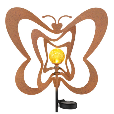 Solárne svietidlo, kov, imitácia hrdze, kov čierny, plast čierny matný, jantárová guľa s efektom pop 7