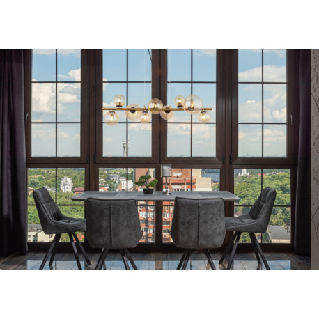 Závesné svietidlo, kov čierny, kov mosadz, sklo jantárové, DxŠxV:866x360x1200mm, vrátane 9x G9 LED 3 14