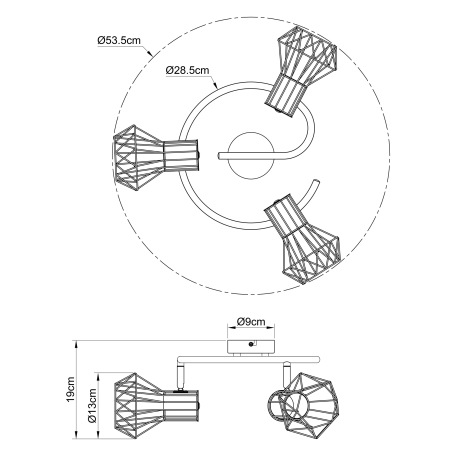 Stropné svietidlo, kov čierny, kovová mriežka čierna, ø: 285mm, V:190mm, bez žiaroviek 3x E27, max. 9