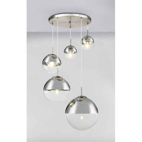 Závesné svietidlo, kov nikel matný, sklo priehľadné chróm, 5 gúľ s priemerom: 2x15-20-25-33 cm, Ø650 15