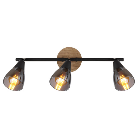 Stropné svietidlo, bodové, kov čierny matný, drevo hnedé, sklo dymové, DxŠxV: 420x100x195mm, bez žia 10