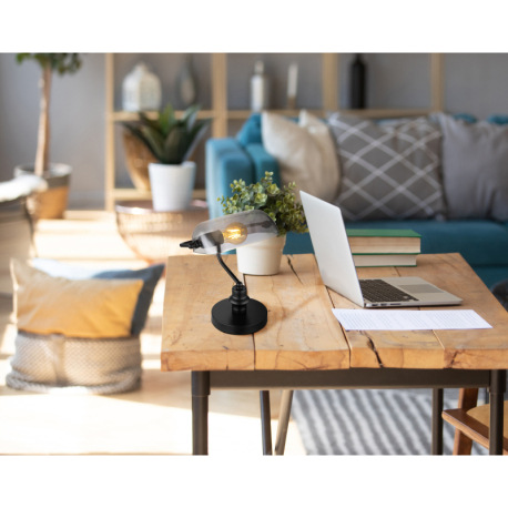 Stolová lampa, kov čierny matný, sklo dymové, kábel PVC čierny, kolískový vypínač na kábli, DxŠxV: 2 4