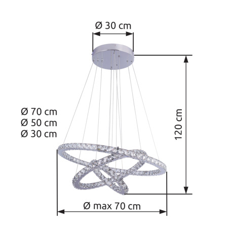 Závesné svietidlo, chróm, K5 priehľadné krištále, nastaviteľné, priemer 30cm, 50cm a 70cm, diaľkové 12