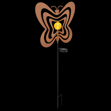 Solárne svietidlo, kov, imitácia hrdze, kov čierny, plast čierny matný, jantárová guľa s efektom pop 12